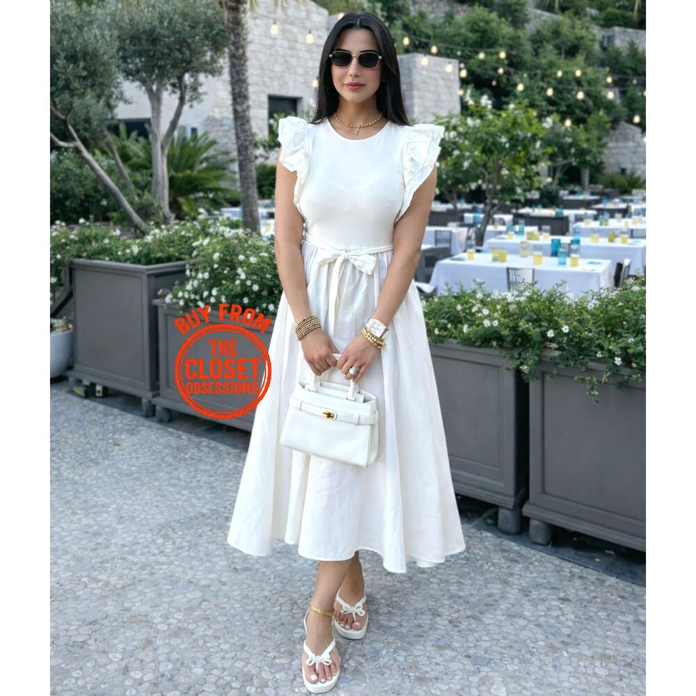 ZARA Ruffled Midi Dress NWT | Ecru Cotton Fit & Flare Belted Size M/L - Picture 10 of 16
